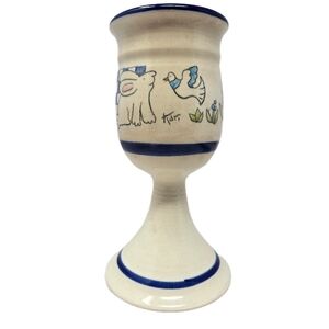 Studio Pottery Goblet Candle Holder Off White Blue Bunny Love Bird Nature Art